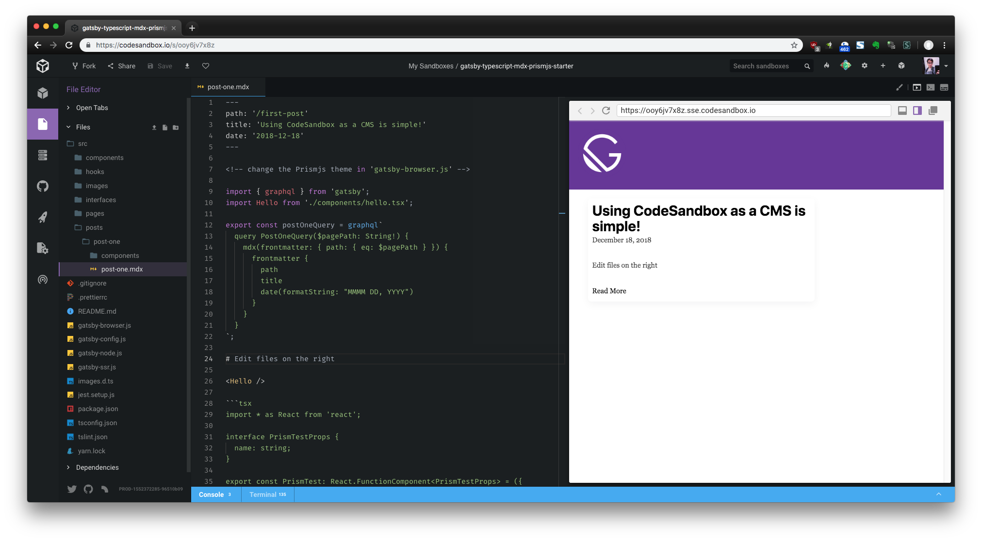 CodeSandbox running as a CMS for Gatsby