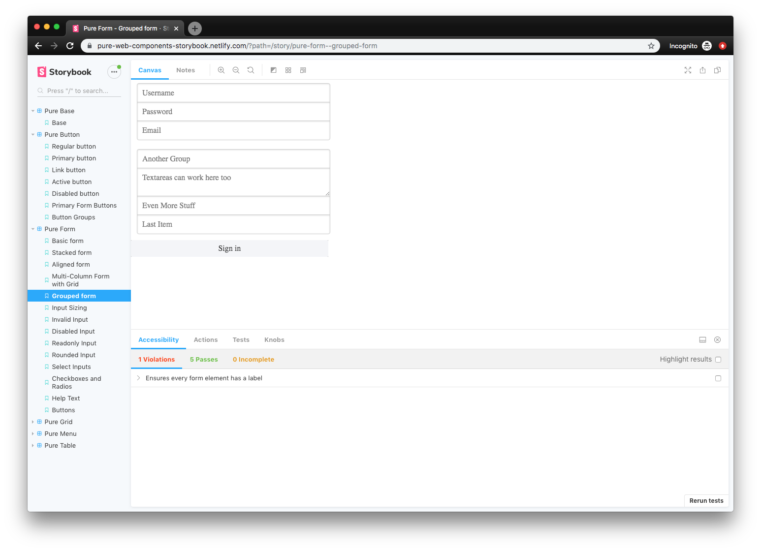 Screenshot of a Storybook development environment with web components