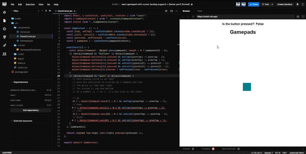 A GIF of the CodeSandbox IDE with a browser preview of a React app displaying a cursor in the center (as a blue box) moving around with input