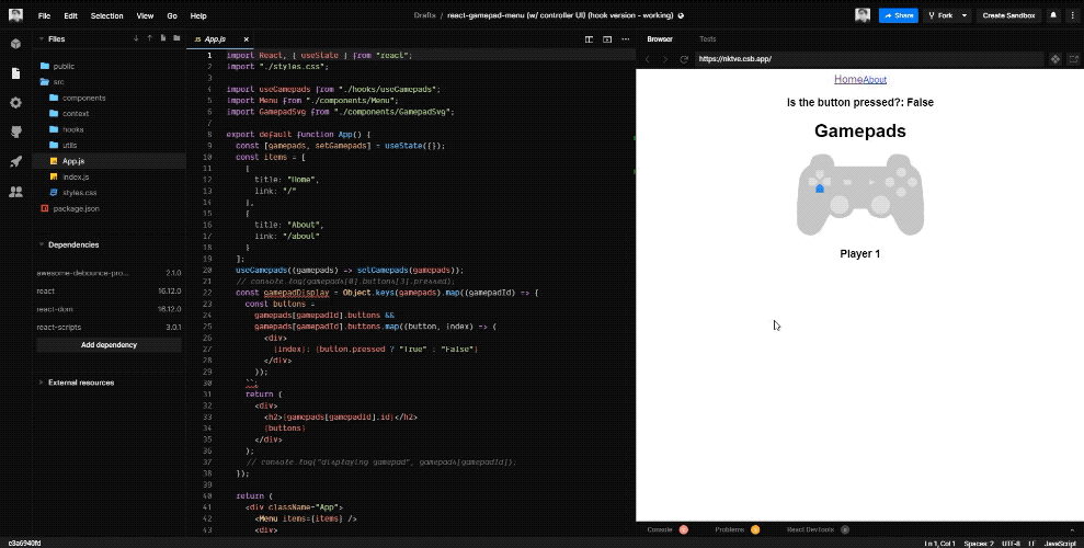 A GIF of the CodeSandbox IDE with a browser preview of a React app displaying a simple menu of two links, one active and larger, as gamepad input moves between them