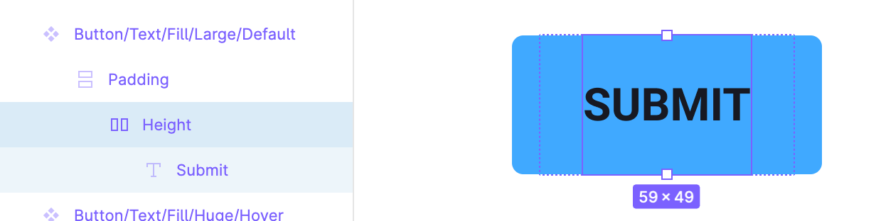 Screenshot of the Figma app with a button and it's layers displayed