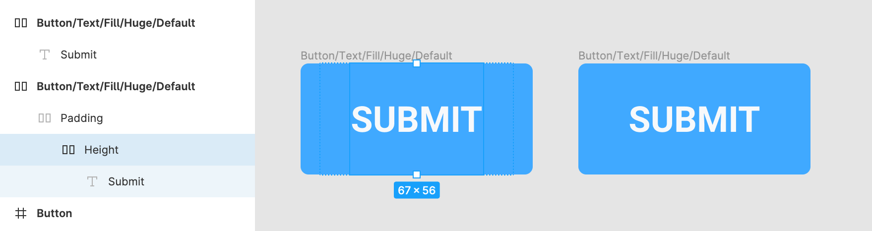 Side by side comparison of using 3 auto layout frames vs 1 to achieve the same/similar component