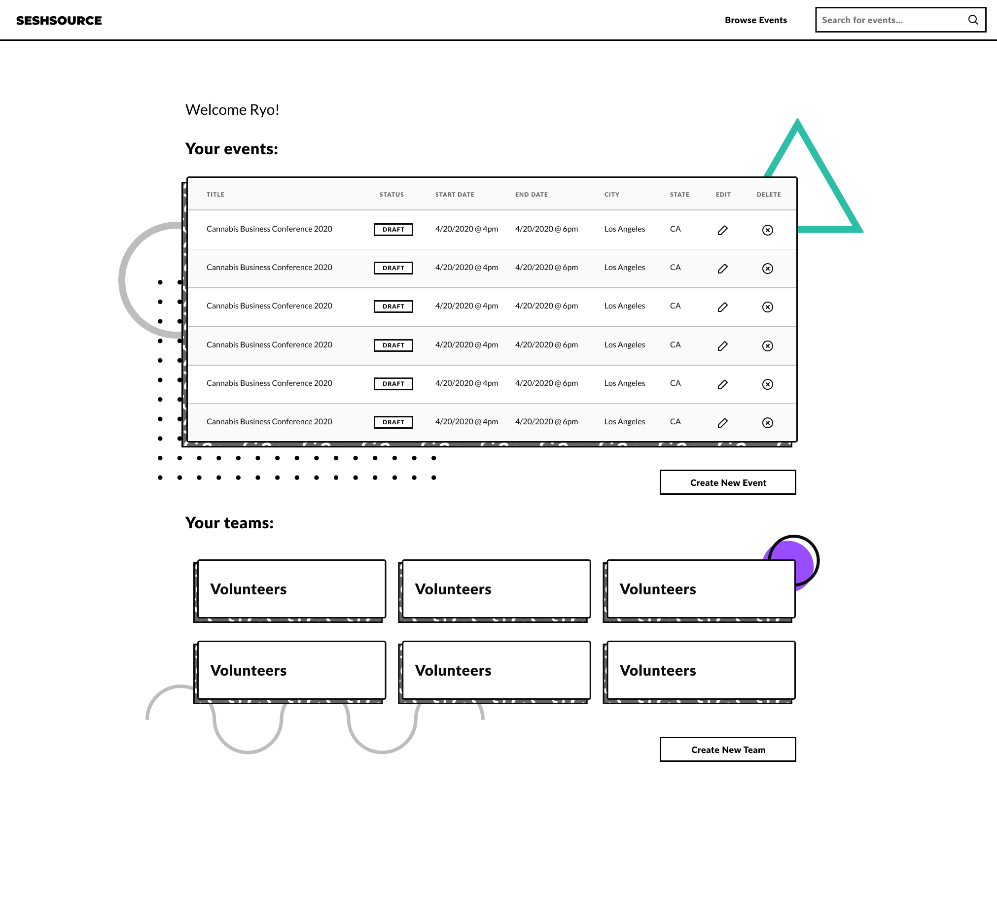 A hi-fi UI mockup created in Figma of a SeshSource page. It features Memphis inspired design elements such as shapes, squiggly patterns, and hard drop shadows.