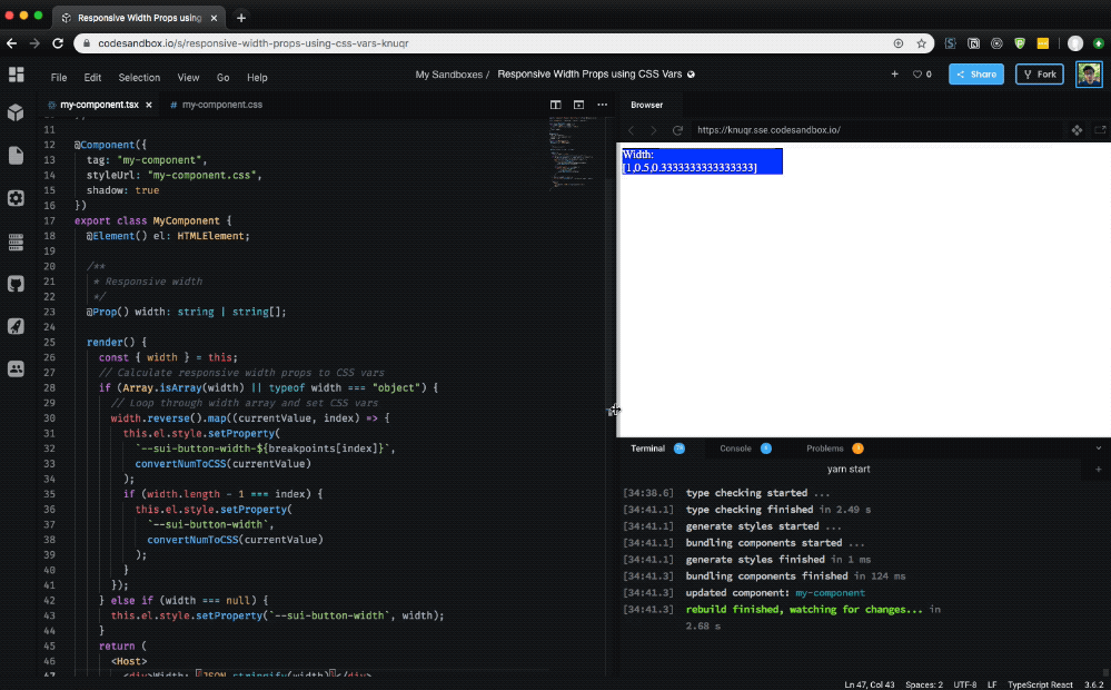 Displaying responsive width props in action using a Web Component running on CodeSandbox