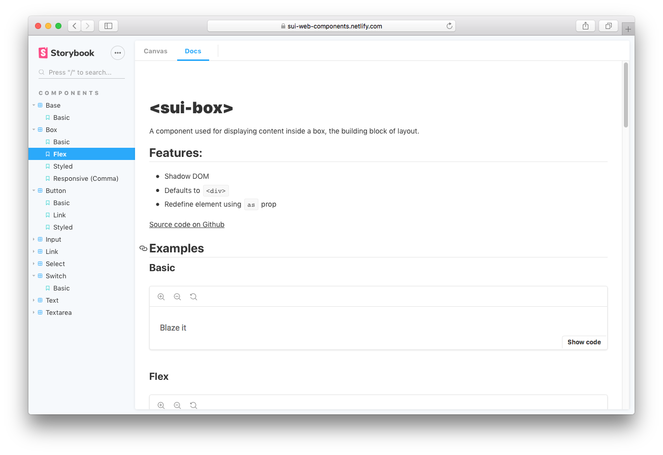 Screenshot of Storybook documentation