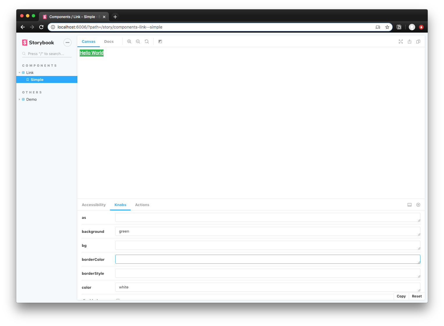 Screenshot of Storybook "knobs" that let you change props