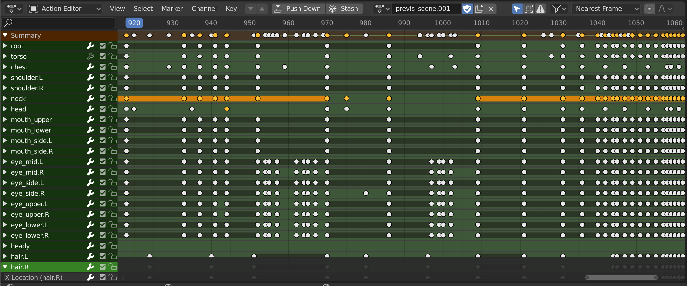 Screenshot of the Blender Action Editor window with several elements of model animated (in this case, a skeletal rig). From the Blender docs.