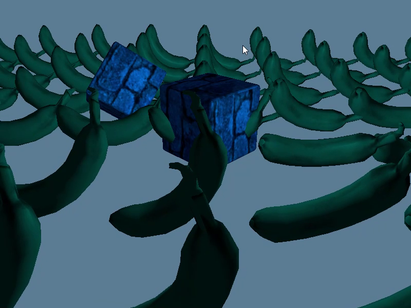 Screenshot of the final wgpu Rust app with a grid of 3D bananas and 2 cubes rendered in different colors