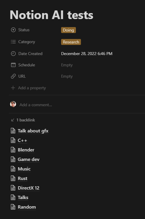 Screenshot of a Notion page with sub pages labeled Rust, Music, Game Dev, and Random