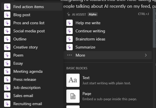 Screenshot of the Notion AI commands menu