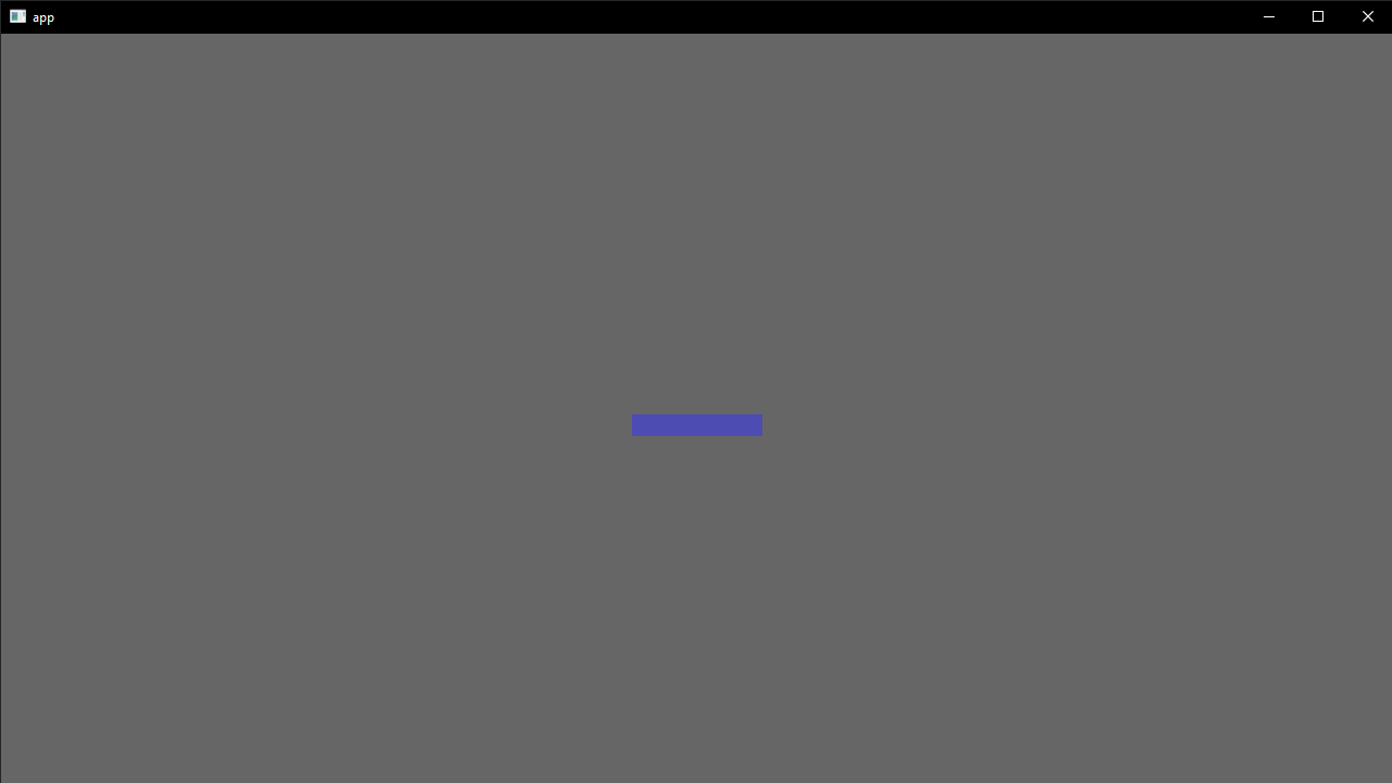 A native Rust application running Bevy is seen rendering a small purple horizontal rectangle in the center of window that represents the player. 