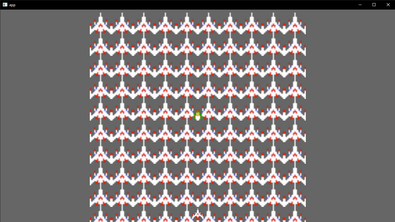 A native Rust app using Bevy to render a 10 by 10 tiled background of Galaga spaceships.