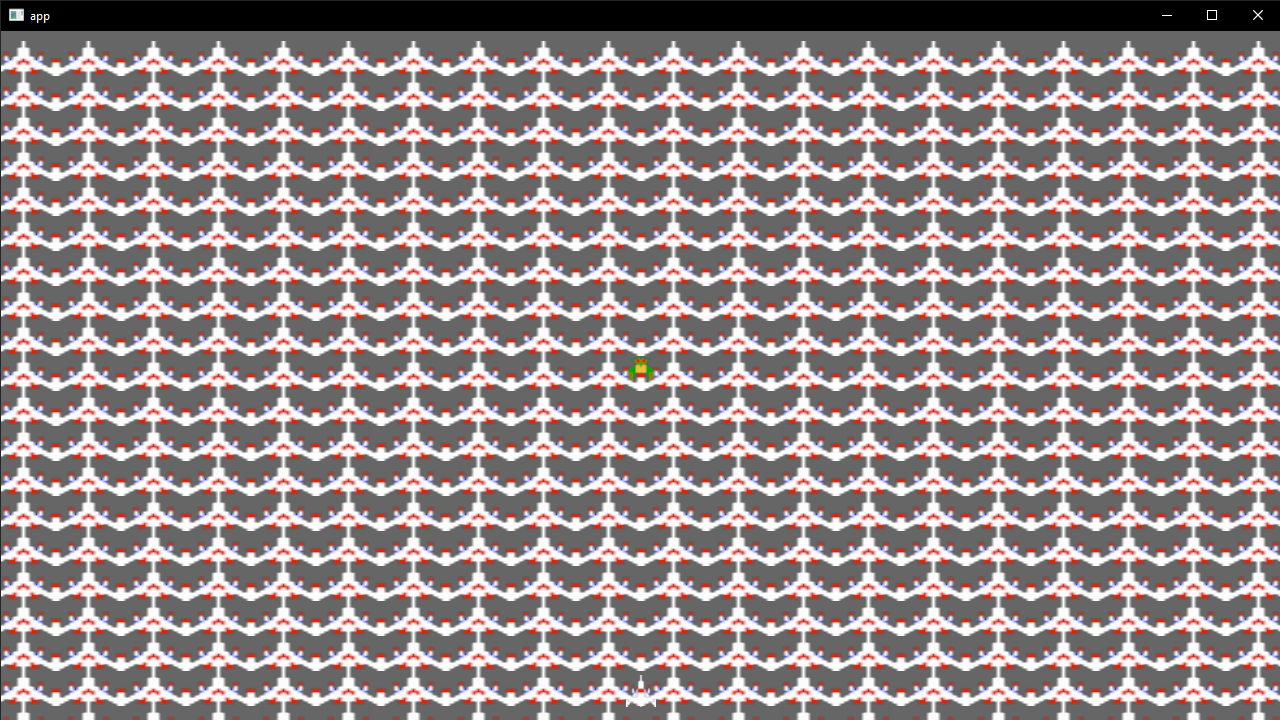 A native Rust app using Bevy to render a fullscreen tiled (yet stretched and warped) background of Galaga spaceships.