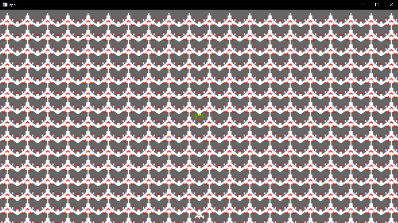 A native Rust app using Bevy to render a fullscreen tiled background of Galaga spaceships.
