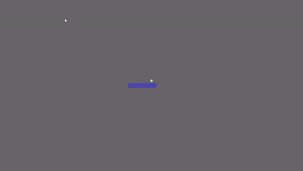 A native Rust application running Bevy is seen rendering a small light green circle representing the enemy and a purple horizontal rectangle in the center of window that represents the player. The player moves left and right underneath the enemy.