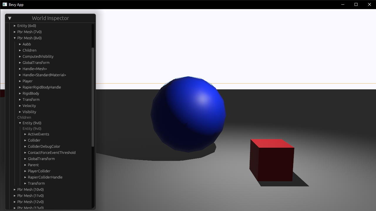 Screenshot of the game with a the Bevy Inspector EGUI window showing a list of all entities in the scene. A PBR mesh entity is expanded to reveal the different components inside like Transform