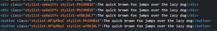 A screenshot of the rendered HTML from the Yew app and it’s 5 components. You can see 2 CSS class names per component, representing the component’s base class and the utility style we applied.