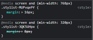 Screenshot of the Chrome DevTools CSS tab showing the two CSS classes applied to a component, both are margin properties wrapped in different media queries for 320 and 768 pixel width viewports.