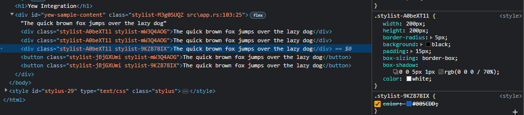 Screenshot of the Chrome DevTools showing rendered HTML and the CSS sidebar. One of the div elements is selected and the CSS styles are displayed. The second class is being overriden by the first.
