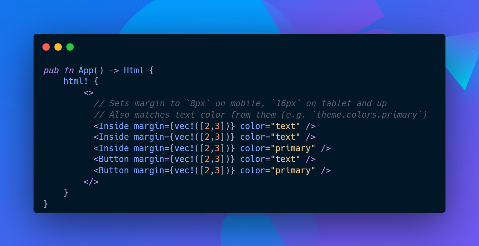 Code snippet showing a Yew app and a few components using utility style props to apply themed colors