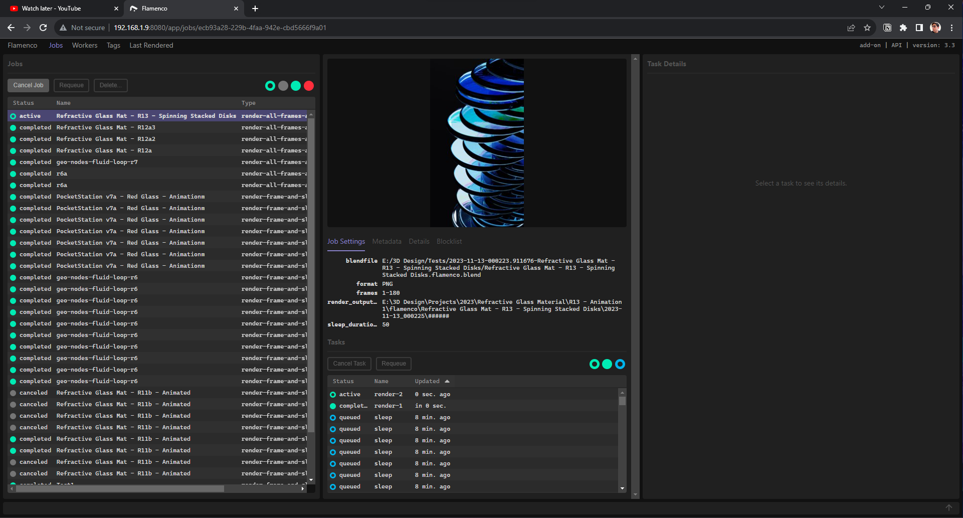 A screenshot of the Flamenco app running locally in my Chrome browser. A left column has a list of jobs and their status. The center column shows the selected job, including a picture of a render, file details, and a list of all the frames being rendered.