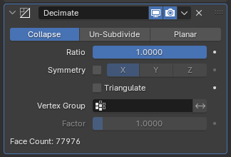 The decimate modifier expanded in the Modifier panel.