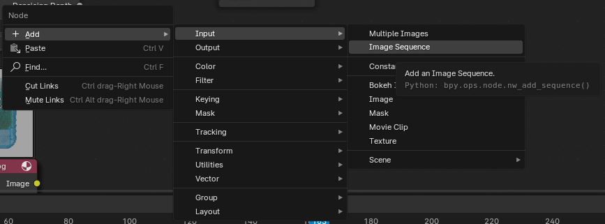 The popup menu in the node graph showing the Image Sequence option