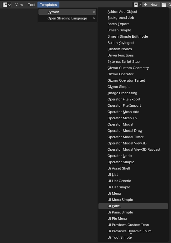 Screenshot of the Blender interface on the Text Editor window with the Templates option in menu bar selected, and the long dropdown visible with UI Panel highlighted.