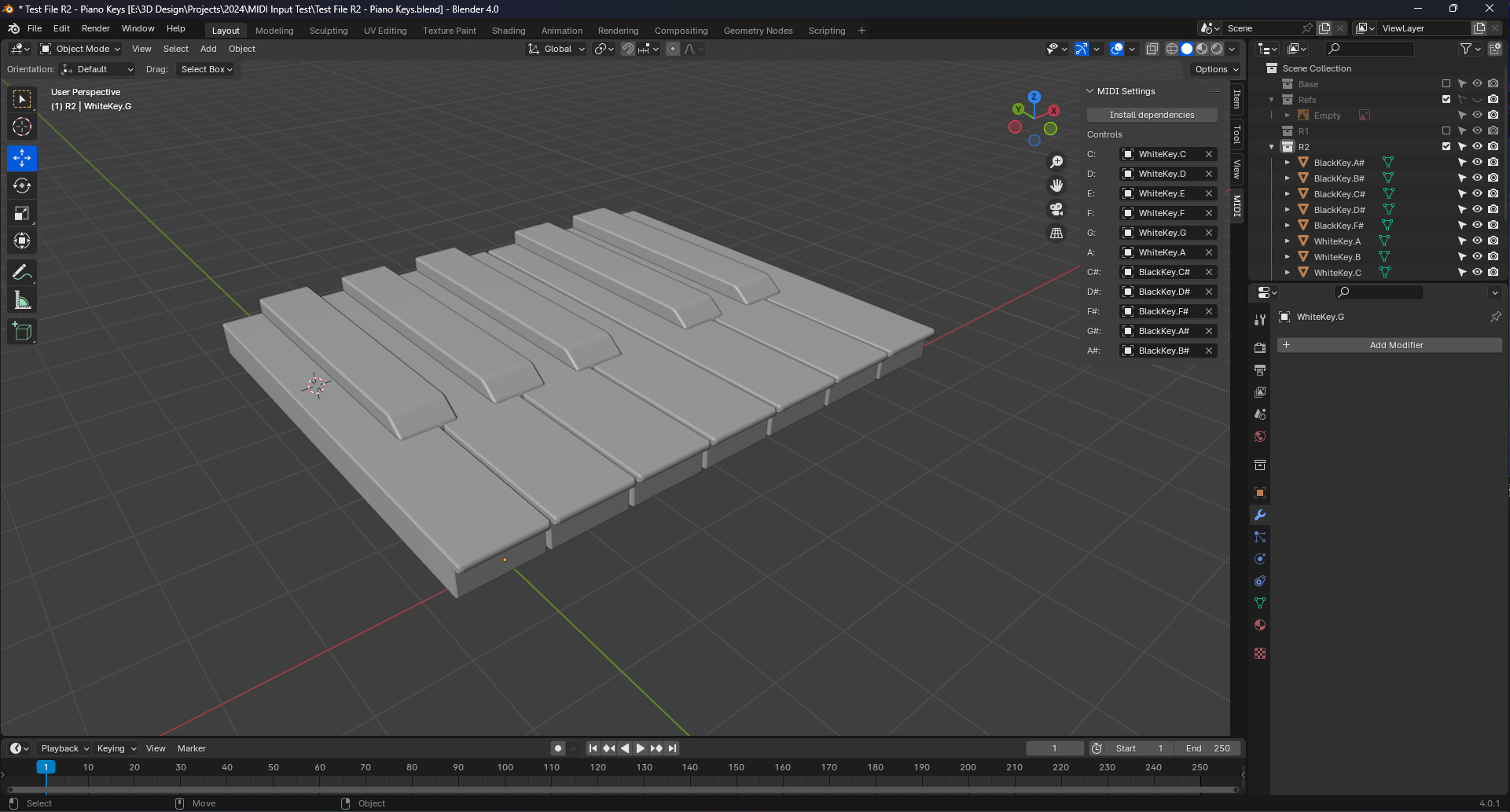 Blender with a 3D single set of white and black piano keys. A panel is open to the right of the 3D viewport labeled MIDI with various settings