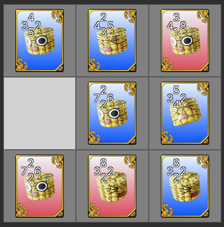 The game board with 8 out of 9 cards played