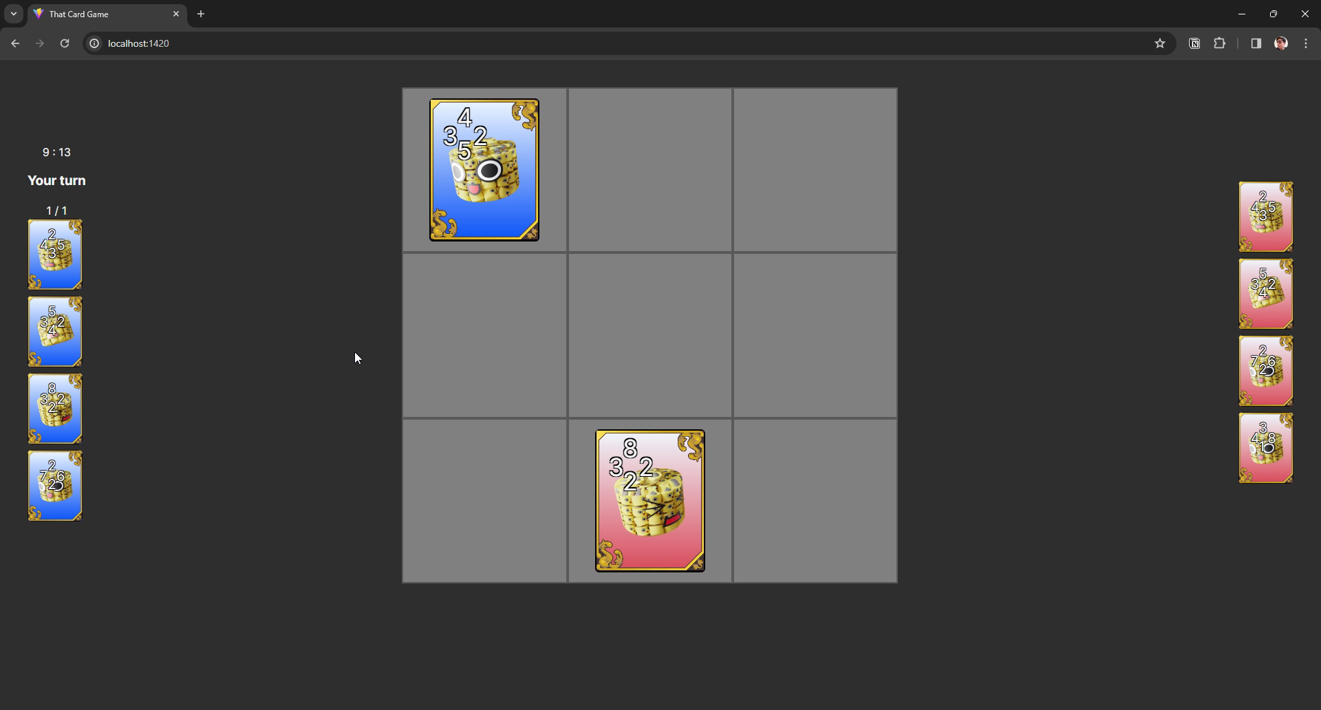 The game board in center with player cards on left and opponent cards on right.