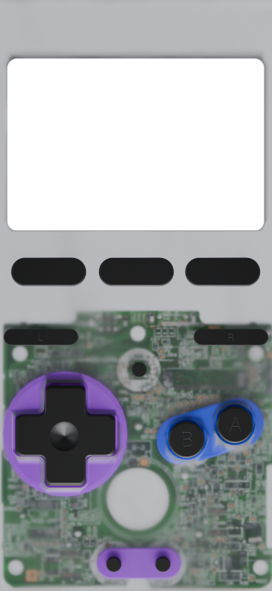 An early test of a semi transparent version with faux internals showing through (this one being a GBA SP PCB)