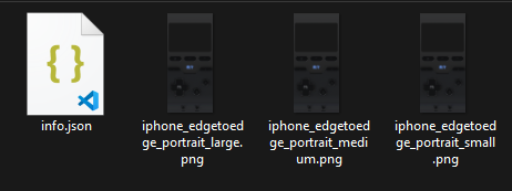 The Windows file explorer with 4 files visible, an info.json  and 3 PNGs labeled large, small, and medium.
