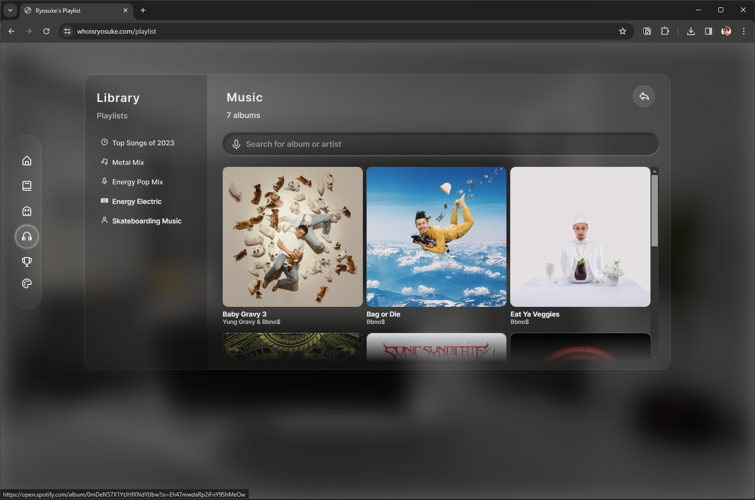 The playlist "app" page with a 3 column grid of cards with album art of music artists like bbno$