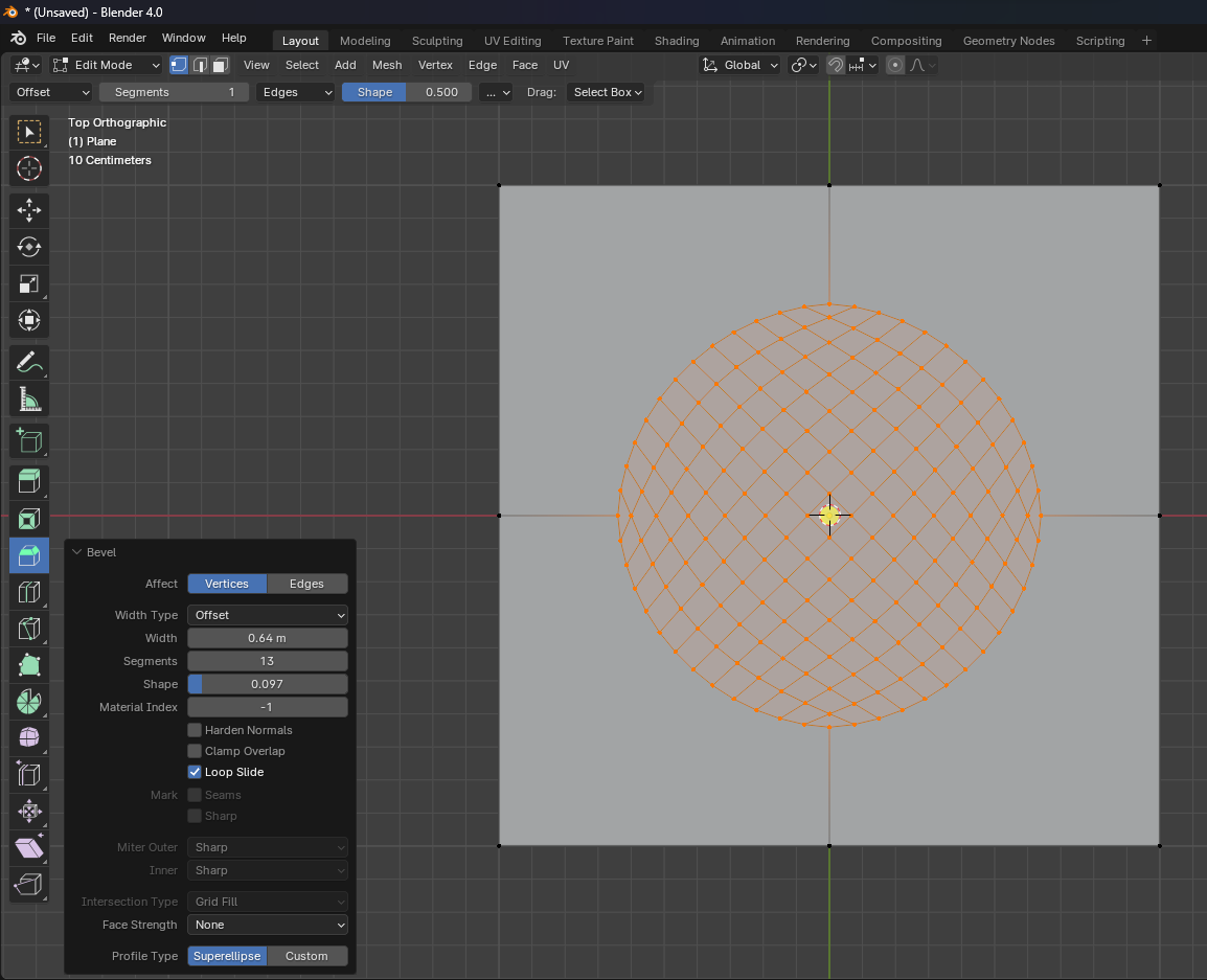 A mesh subdivided in a 2 by 2 pattern, with a mesh circle inserted in center. The Bevel panel sits on top.