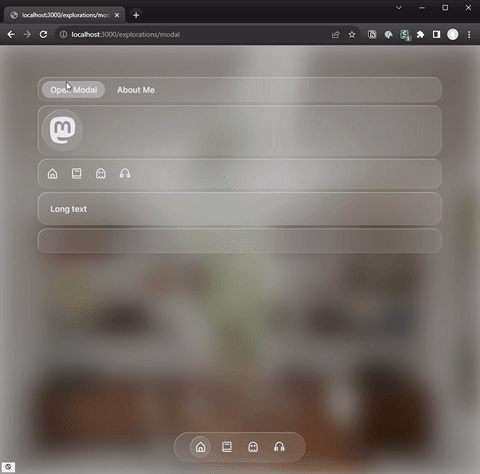 Example of the modal overlay effect where glass behind the modal become darker and move back in 3D space