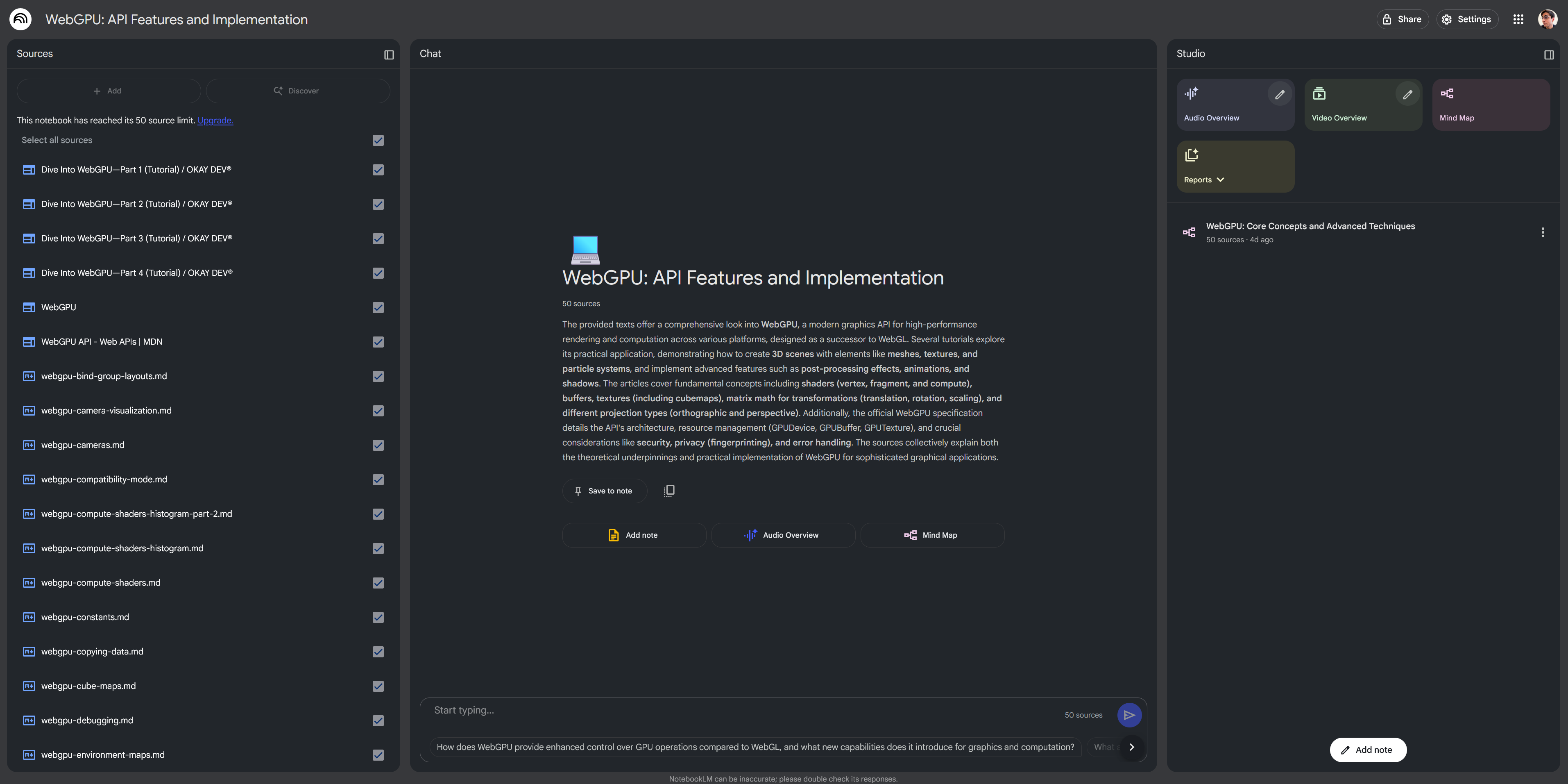Google's NotebookLM app with 3 panels side by side. Left is a list off documents. Center is the chat. And right is a sidebar of "studio" buttons like generating flash cards