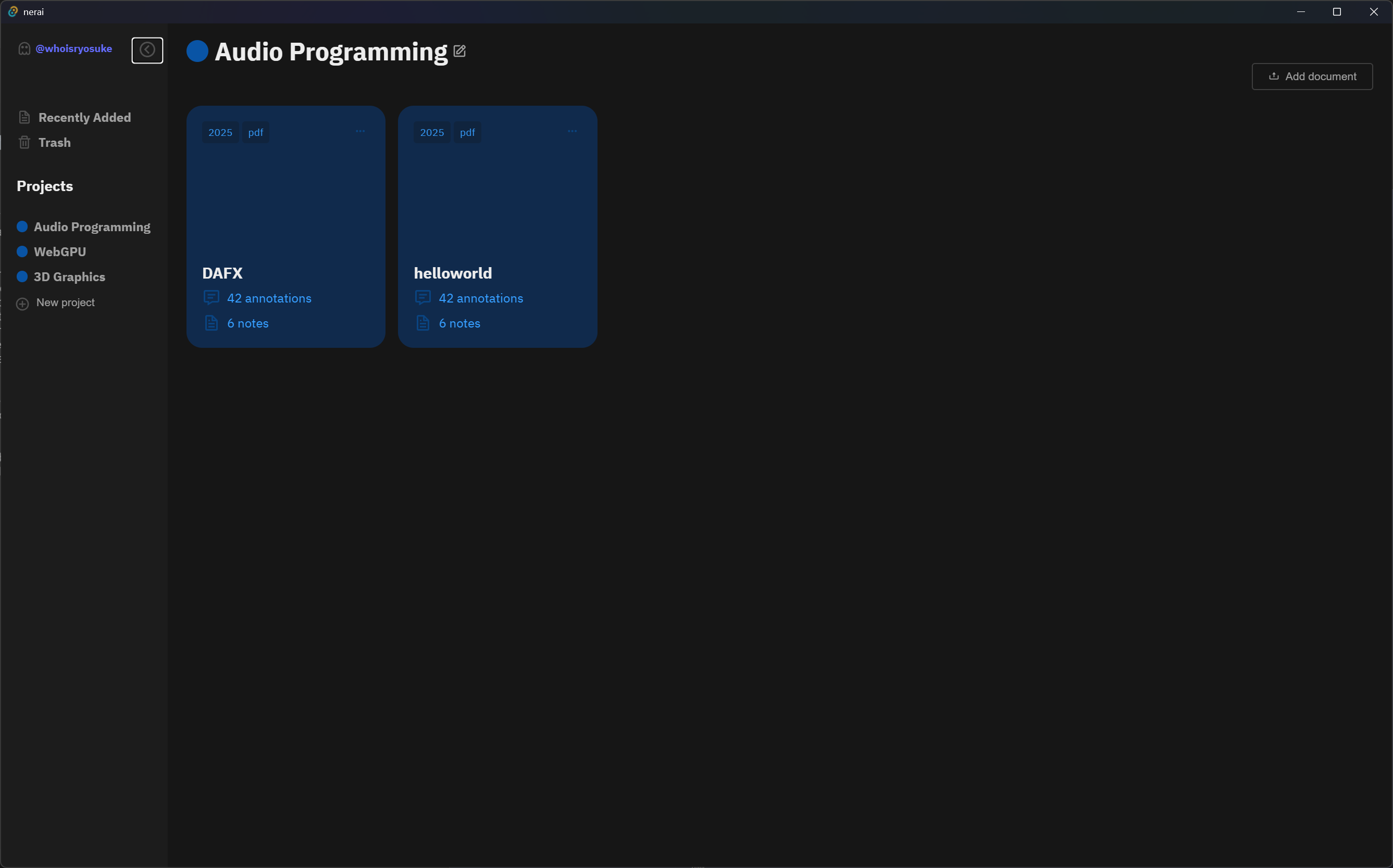 My LLM based reading app as a standalone Windows app window. The left has a sidebar with a list of projects ranging from Audio Programming to 3D Graphics. The Audio Programming project is selected, with it’s documents listed on the right side of screen in the form of blue cards with the file name and other metadata.
