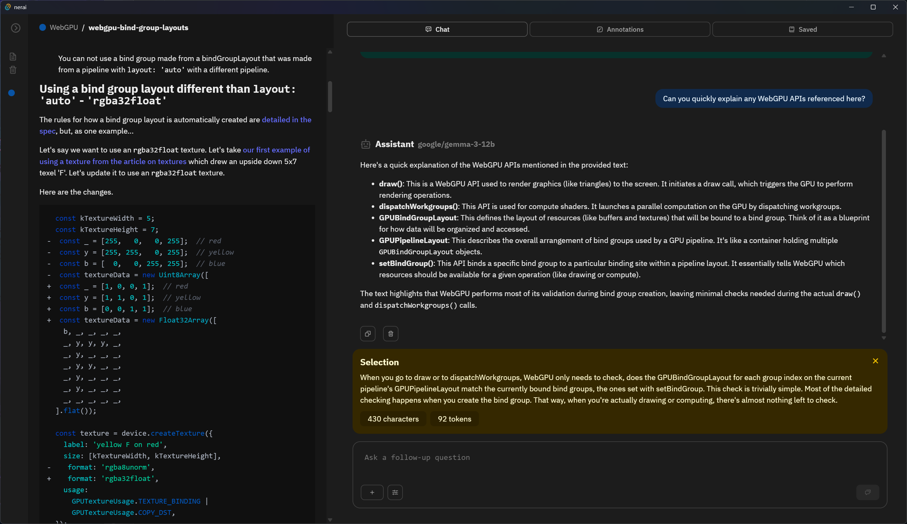 My LLM based reading app. A Markdown document is rendered on the left, and a chat is visible on the right with a selection of text from the Markdown in a green box, and a chat message below asking “Can you summarize this?”. Below that is a message from an LLM assistant with the summary. 