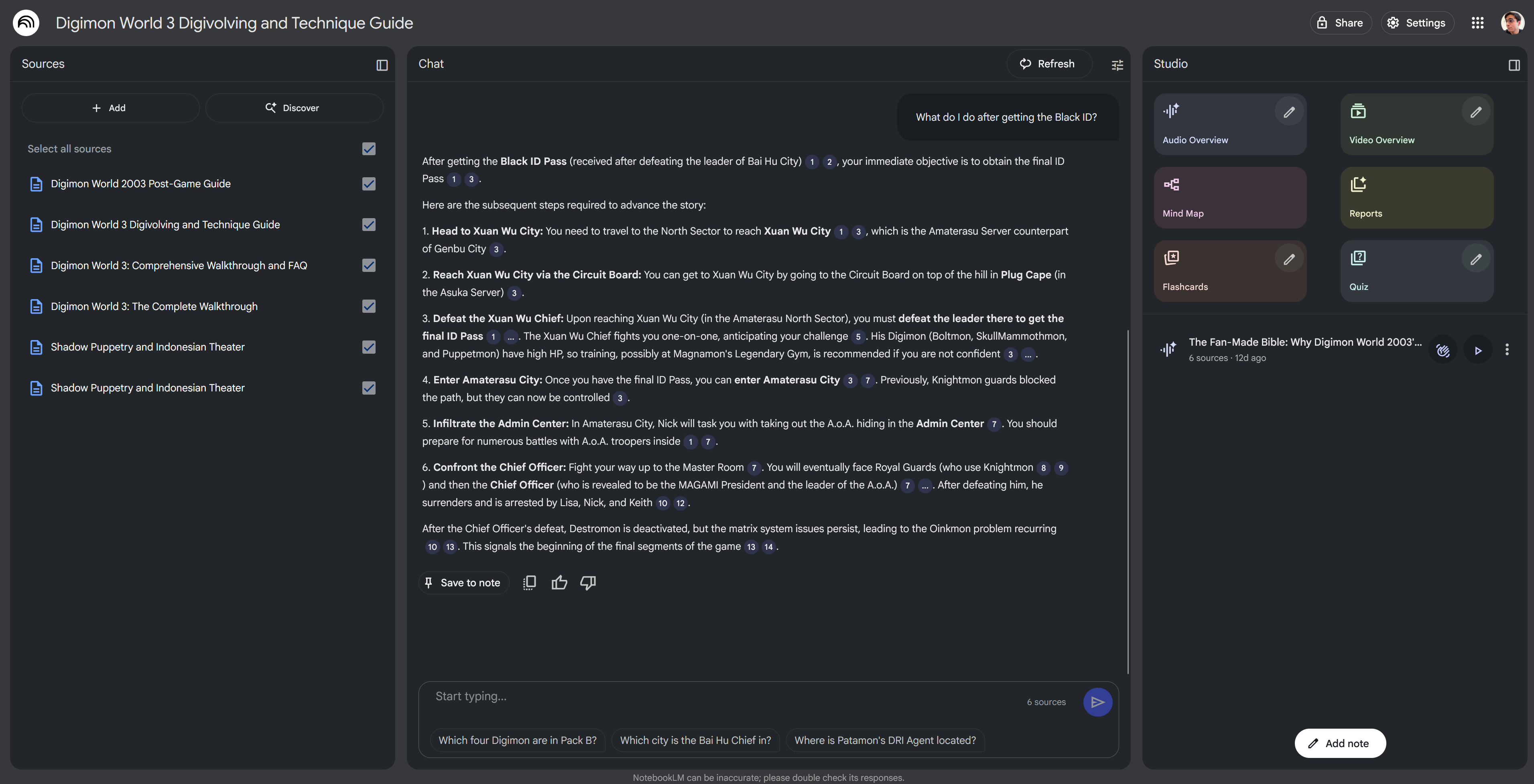 NotebookLM with several Digimon walkthroughs files visible in the sidebar. A chat is in the center asking for guidance and an LLM agent is beneath it with a step by step process.