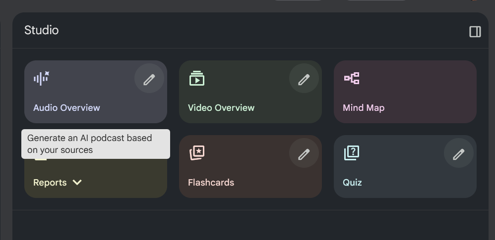 The studio sidebar with several buttons, like a “Video Overview” that generates a video summary of all the documents.