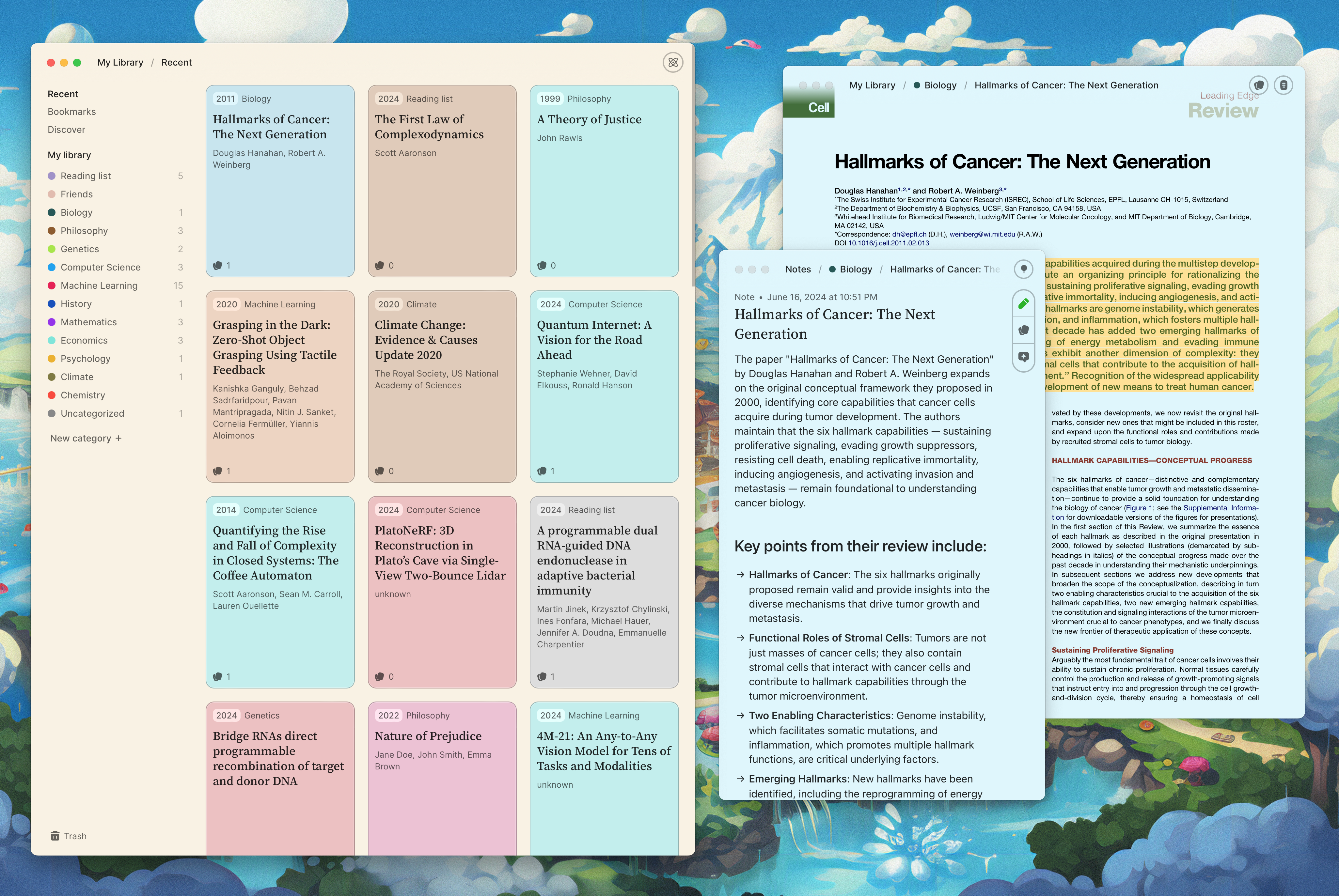 The Research app. It features multiple desktop windows. One has a list of documents as colorful cards, and another window has a document preview
