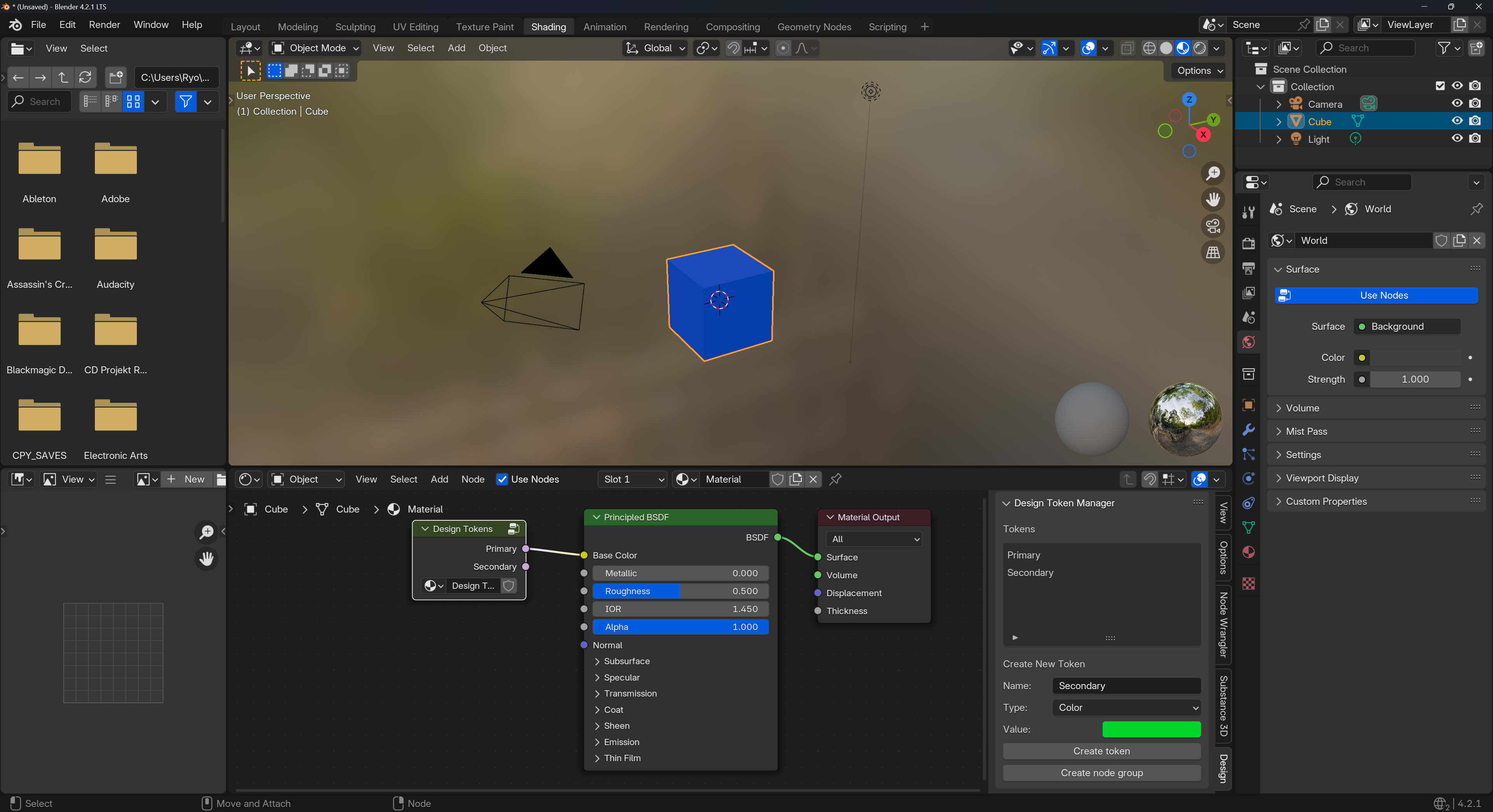 Blender with the Shader Editor open with a Design Token node connecting a “Primary” token output to a Principled BSDF node’s Base Color input. The 3D viewport has a blue cube with the token color applied.
