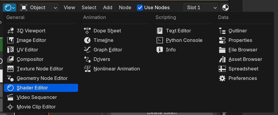 A window in Blender with the window selection dropdown open and the Shader Editor highlighted.