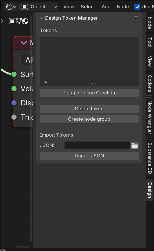 The Design Token Manager panel open in the n-panel under the Design tab.