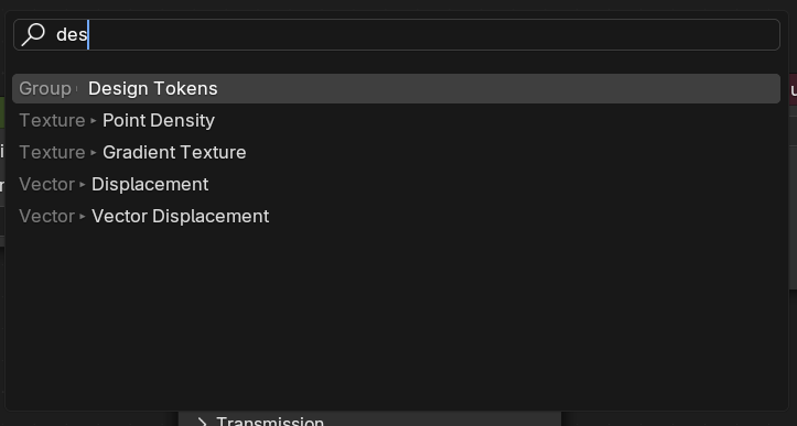 The Blender search menu inside the node graph window with the Design Token node group selected at top.