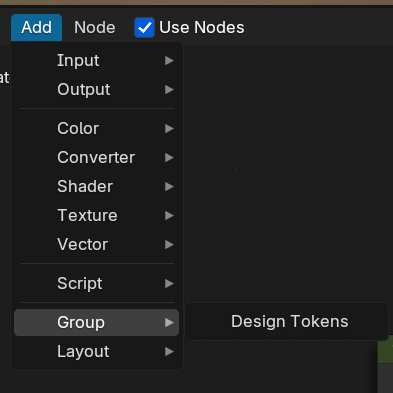 The Shader Editor menu bar with the Add menu item expanded and the Group item selected with Design Tokens visible in a submenu.