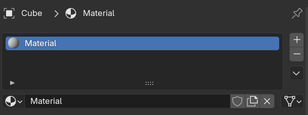 The material selector in Blender with a collection with a single default Material, and various buttons to add, remove, or change the active material.