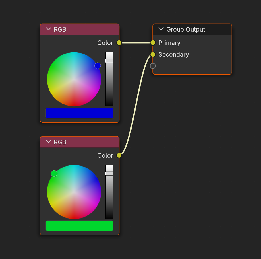 2 RGB nodes connecting to an Output node labeled Primary and Secondary.