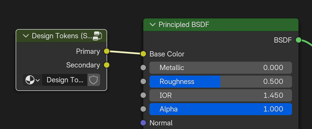 A design token node group with the primary output connected to the Principled BSDF node’s base color input.